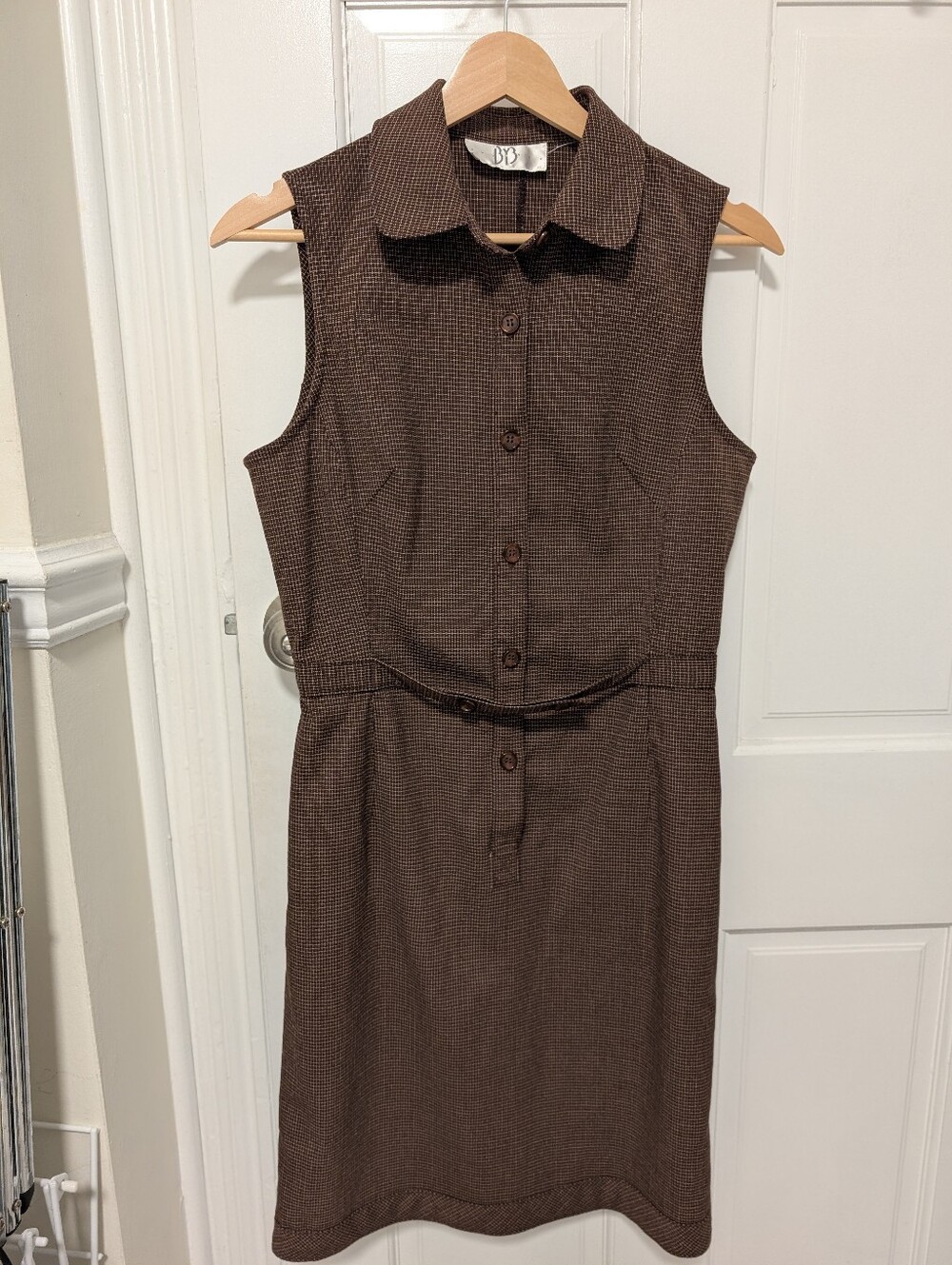 Vtg Rare Retro 80s 90s Brown Check Sleeveless Shirt Dress Belted Academica Sz S